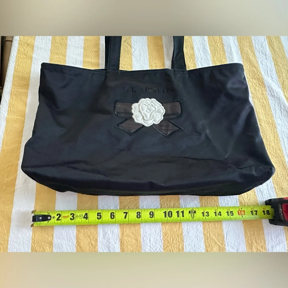 Vintage St John Black Satin Tote - White Flower Detail - Picture 1 of 7